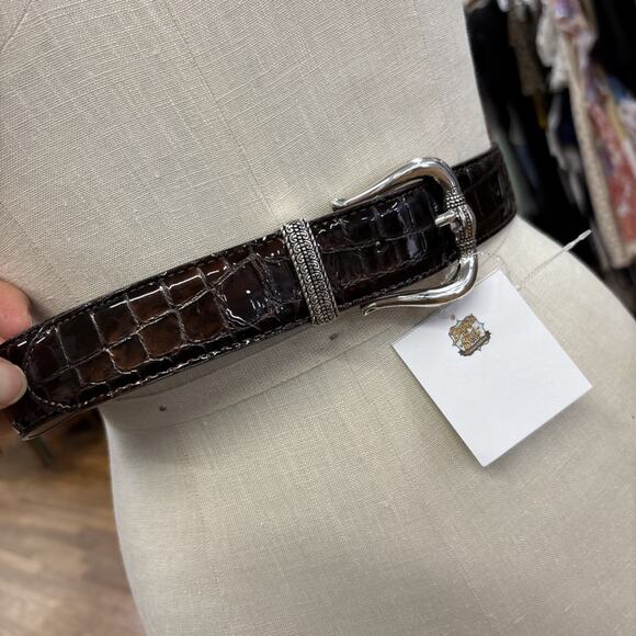 Vintage Brighton Silver Buckle Croc Embossed Patent Leather Brown Belt Sz M 34” main image 6